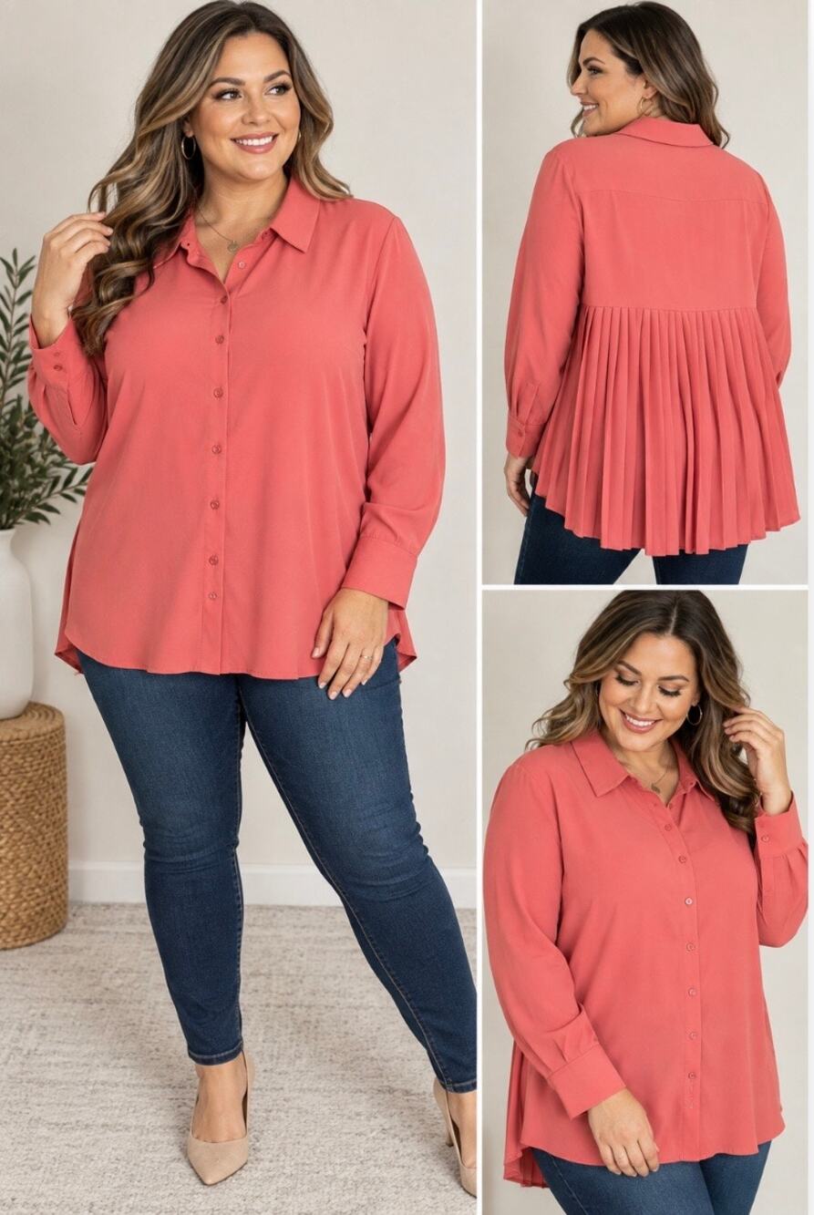 Nina Leonard Women’s 1X Coral Pink Pleated Back Button Down Blouse Long Sleeve